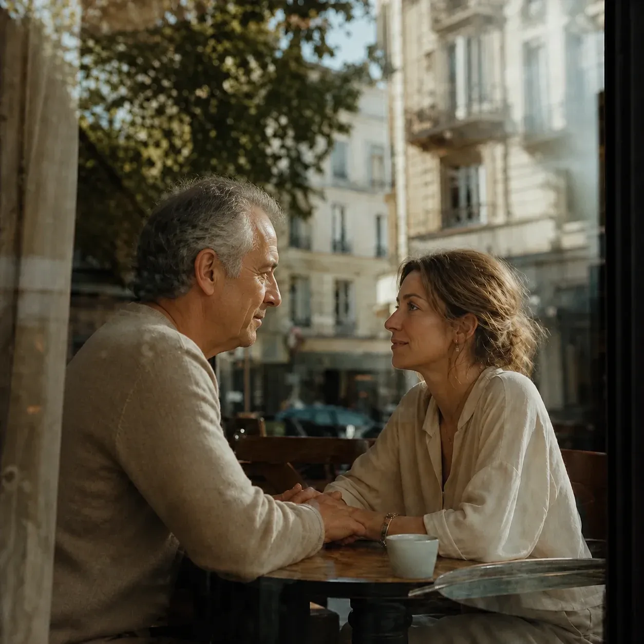 A couple, including an Eastern European woman, holding hands across a sunlit café table